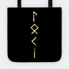 a black tote bag with gold letters on it