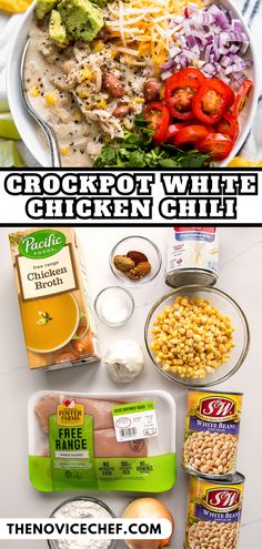 the ingredients for crockpot white chicken chili are shown