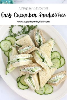 cucumber sandwiches on a white plate with text overlay