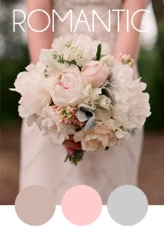 a bridal holding a bouquet of white and pink flowers on her wedding day,