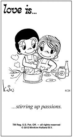 a coloring page with two people cooking food and the text love is stirring up passions