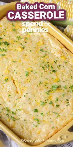 baked corn casserole in a yellow baking dish with parsley on top and the words baked corn casserole above it