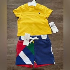 Super Cute Brand New Set From Ralph Lauren! 3 Month Size Sporty Multicolor Sets For Summer, Sporty Multicolor Summer Sets, Playful Yellow Short Sleeve Sets, Yellow Short Sleeve Playwear Set, Yellow Short Sleeve Sets For Playwear, Casual Short Yellow Set, Yellow Cotton Playtime Sets, Yellow Cotton Shorts For Playwear, Ralph Lauren Multicolor Summer Tops