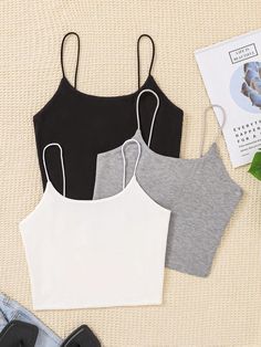 Multicolor Casual Collar   Plain Cami Embellished Slight Stretch Summer Teen Girls Clothing Gray Seamless Sleeveless Crop Top, Seamless Sleeveless Gray Crop Top, White Sleeveless Seamless Tank Top, Summer Teen, Teen Summer, Knitting Girls, Teen Girls, Three Piece