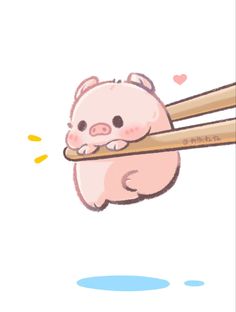 a cartoon pig holding two chopsticks in it's mouth while flying through the air