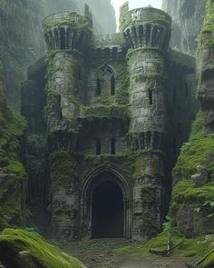 an old castle with moss growing all over it's walls and doorways in the mountains