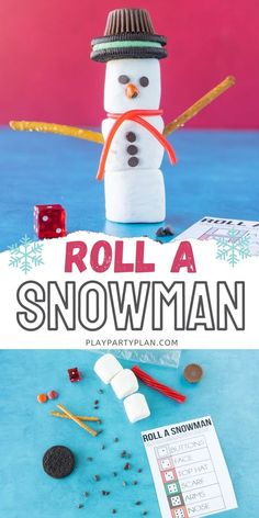 a snowman made out of marshmallows and candy canes with the words roll a snowman on it