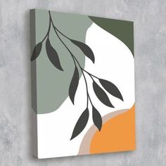 an abstract painting with leaves and oranges on a gray background canvas print wall art