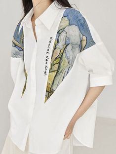 White Artistic Shirt For Summer, White Shirt With Abstract Print For Spring, Artistic White Summer Shirt, Artistic Cotton Tops With Abstract Print, Artistic Cotton Top With Abstract Print, Relaxed Fit Cotton Blouse With Abstract Print, Artistic Oversized Tops For Spring, Cotton Blouse With Abstract Print In Relaxed Fit, Cotton Blouse With Abstract Print And Relaxed Fit