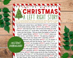 a printable christmas story for kids with green leaves around it and a wooden background