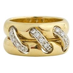 Unusual double gold band with three rows of diamonds that look as though they are laced through the gold. The ring is 3/8" wide. It is size 6 1/2; could be sized by an able jeweler. Gold Band With Diamonds, Capri Wedding, Diamond Band Rings, Band With Diamonds, Sapphire And Diamond Band, Jewelry Accessories Ideas, Rings Rings, Gold Band Ring