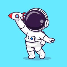 an astronaut is holding his hand up to the sky with a rocket on it's back