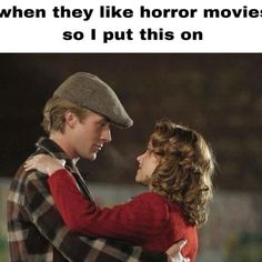 a man and woman hugging each other with the caption when they like horror movies so i put this on