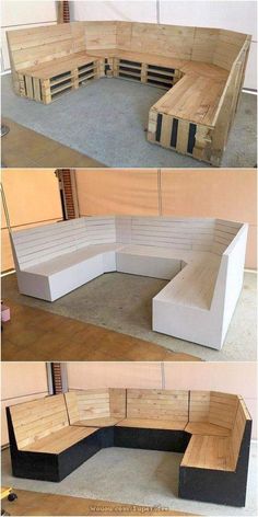 several different images of benches made out of pallet wood and plywood planks