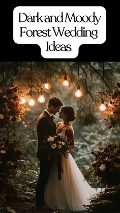 A bride and groom standing under dim, enchanting forest lighting, surrounded by rich, moody floral arrangements and greenery, creating a romantic and elegant wedding atmosphere. Forest Color Palette Wedding, Dark Mountain Wedding, Witchy Backyard Wedding, Dark Moody Outdoor Wedding, Gothic Enchanted Forest Wedding, Moody Ethereal Wedding, Moody Enchanted Forest Wedding, Viking Wedding Aesthetic, Winter Solstice Wedding Ideas