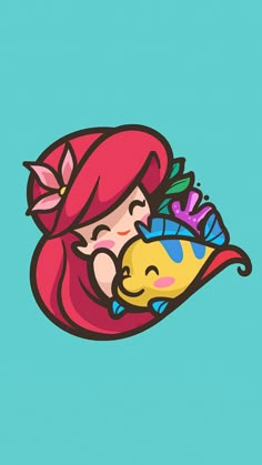 the little mermaid is hugging her fish in this cute cartoon character wallpaper, and it looks like she's having fun