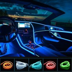 the interior of a car is lit up with neon lights