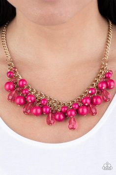 Varying in shape, glassy and polished pink beads swing from the bottom of interlocking gold chains. Crystal-like teardrops are sprinkled along the colorful beading, creating a flirtatious fringe below the collar. Features an adjustable clasp closure. Sold as one individual necklace. Includes one pair of matching earrings. Pink Necklace, Paparazzi Accessories, Pink Beads, Paparazzi Jewelry, Chic Accessories, Short Necklace, Color Rosa, Pink Crystal, Boutique Jewelry