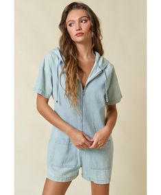 Denim zip-up front pocket hoodie romper. Denim Hoodie Romper Front Zip Closure Casual Hooded Jumpsuits For Fall, Casual Summer Jumpsuits And Rompers With Zipper, Casual Denim Jumpsuit With Zipper Closure, Casual Denim Jumpsuit With Zipper For Spring, Casual Denim Jumpsuits And Rompers With Zipper Closure, Blush Pants, Hoodie Romper, Night With Friends, Blush Beauty