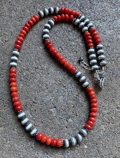 Sterling Silver Red Coral Navajo Pearls Bead Necklace 18 inch Southwestern Hand-strung Red Jewelry, Red Southwestern Hand-strung Jewelry, Southwestern Red Necklace With Polished Beads, Southwestern Red Jewelry With Gemstone Beads, Southwestern Style Red Jewelry With Gemstone Beads, Southwestern Style Red Necklace With Polished Beads, Southwestern Red Jewelry With Large Beads, Southwestern Style Red Gemstone Beads Jewelry, Southwestern Style Red Jewelry With Large Beads