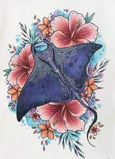 a drawing of a blue stingfish with pink flowers on it's back side