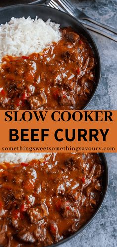 slow cooker beef curry in a skillet with rice