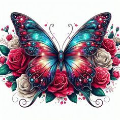 a colorful butterfly with roses on it's wings