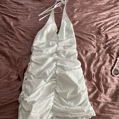 Brand New With Tags But It Arrived With A Faint Pinkish Fabric Dye Stain That Can Easily Be Removed But I’m Too Lazy And It Fits Awkward On Me So I Don’t Care Enough To Do It. I’m A 34d Bust And Typically Wear Xs/S And I’d Say It’s True To Size. I’m 5’2 And The Length Is Just Not Short Enough On Me Ruched Cotton Mini Dress For Parties, Cotton Ruched Mini Dress For Party, White Halter Neck Dress With Ruched Back, Summer V-neck Dress With Ruched Sides, Zara Summer Mini Dress With Ruching, Zara Ruched Mini Dress For Summer, Zara Summer Mini Dress With Ruched Detail, Zara Ruched Mini Dress For Vacation, Zara Summer Ruched Mini Dress