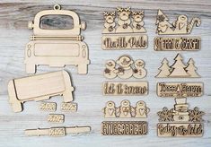 wooden cutouts for christmas decorations on a wood table with snowmen, trees and a truck