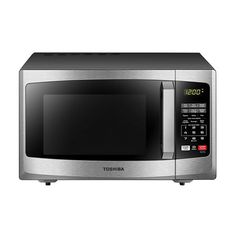 a stainless steel microwave oven with the door open and timer on it's side