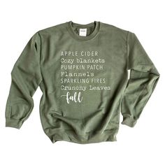 Looking for a cute versatile top to wear this summer? Make sure to grab one of our Fall Words Sweatshirts! This soft and comfortable shirt is the perfect top for any outfit. It can be paired with biker shorts, Jeans, or the classic stay at home sweats! The bright color adds a pop of summer to any outfit. This sweatshirt is true-to-size, so be sure to order your regular size! If you are looking for a more oversized look, make sure to size up. Fall Cotton Tops With Letter Print, Fall Relaxed Fit Top With Text Print, Everyday Green Tops For Fall, Green Everyday Tops For Fall, Green Cotton Tops For Fall, Basic Fall Tops With Text Print, Pre-shrunk Relaxed Fit Tops For Fall, Soft-washed Green T-shirt For Fall, Text Print Tops For Fall Loungewear