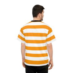 Are you looking for a casual and trendy shirt for a night out? Look no further! This unisex, orange and white striped, tshirt from size XS till 4XL is the perfect attire for any occasion. Made of 100% polyester and made of the highest quality material, this breathable, wicking shirt will keep you feeling cool all day. See more striped clothing View the full Plus Size collection + PRODUCT DESCRIPTION + Top material: 100% polyester (6.78 oz/yd² (230 g/m²)) Bottom material: 100% polyester mesh (4.8 White Relaxed Fit T-shirt With Contrast Stripes, White T-shirt With Contrast Stripes For Summer, Casual Short Sleeve T-shirt With Striped Collar, Sporty Summer Tops With Striped Collar, Contrast Stripes T-shirt For Summer Streetwear, White Short Sleeve Tops With Vertical Stripes, White Tops With Vertical Stripes And Short Sleeves, Casual T-shirt With Striped Collar For Summer, White Contrast Stripes T-shirt For Summer