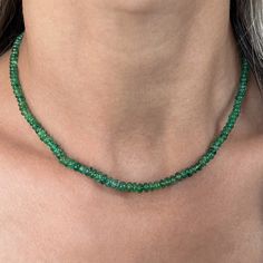 Vintage Emerald Bead Necklace sold by Doyle and Doyle an antique and vintage jewelry boutique Classic Gemstone Beads Jewelry For Jewelry Making, Classic Jewelry With Gemstone Beads For Jewelry Making, Formal Single Strand Oval Beads Jewelry, Formal Single Strand Jewelry With Oval Beads, Elegant Emerald Necklace With Round Beads, Formal Rondelle Beaded Necklaces With Gemstone Beads, Formal Rondelle Gemstone Beaded Necklaces, Beaded Necklaces With Sterling Silver Clasp As Gift, Elegant Emerald Necklace With Oval Gemstone Beads