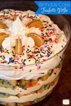 an advertisement for a birthday cake with sprinkles and cookies on it's top