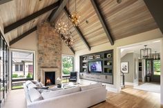 a living room filled with furniture and a fire place in the middle of a room