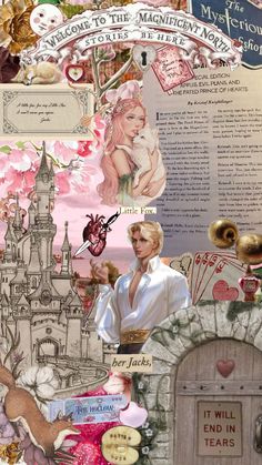 a collage with many different pictures and words on it's side, including an image of a princess