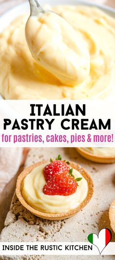 the cover of italian pastry cream for pastries, cakes, pies and more