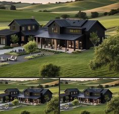 two pictures of a house in the middle of a field with trees and grass around it