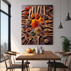 a kitchen table with spoons and spices on it