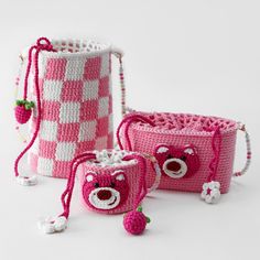 Adorable handmade crochet Strawberry Bear purse/bag. Each bag has a pretty cotton strawberry embroidered to close. There is a colorful shoulder strap, this would make a perfect gift or stylish accessory. Measures : -Small 10cm*10cm*7.5cm, 99g -Medium 20cm*9cm*11cm 152g -Large 15cm*15cm*21cm,219g Each handbag is lovingly made to order. Thank you for visiting my shop! I can't wait to bring you more creations. Have a wonderful day! Pink Rectangular Bucket Bag As Gift, Pink Rectangular Bucket Bag For Gift, Cute Handmade Shoulder Bag As Gift, Pink Crochet Bucket Bag With Adjustable Strap, Cute Handmade Shoulder Bag For Gift, Hand Knitted Pouch Bag As A Gift, Handmade Pink Shoulder Bag For Gift, Casual Handmade Pink Bucket Bag, Cute Crochet Bag For Everyday Use