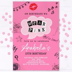 a pink birthday party card with the words mean pink on it, and an image of a speech bubble