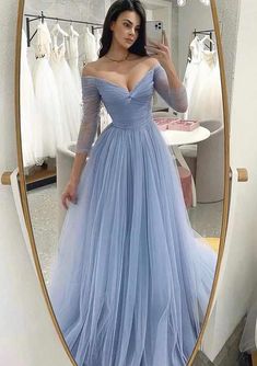 A-line Off-the-Shoulder Full/Long Sleeve Sweep Train Tulle Prom Dress With Pleated - Prom Dresses - Stacees Tulle Long Prom Dress, Long Sleeve Bridesmaid Dress, A Line Evening Dress, Long Sleeve Prom, Blue Tulle, Long Sleeve Evening Dresses, فستان سهرة, Prom Dresses With Sleeves