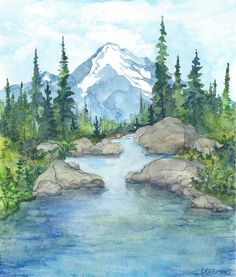 a watercolor painting of a mountain river