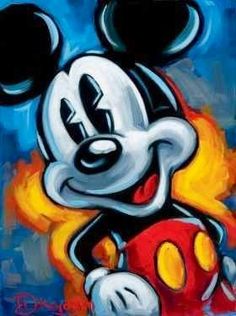 a painting of mickey mouse with fire coming out of his mouth and eyes, on a blue background