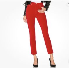 These Jeans Are Absolutely Beautiful And Perfect For The Holidays. They Are New Without Tags. Traditional 5-Pocket Jeans Styling With Cool Button Fly Front Closure. High-Waisted And Ankle Cropped. The Velour-Feel Fabric Is Comfortable 97% Cotton With 3% Spandex For A Bit Of Stretch. Waist Approx 25”. Inseam Approx 27”. Rise Approx 10”. Please Note That The First Attached Picture Is A Stock Photo. Due To Variances In Monitor Colors, And Lighting, Item Color May Differ Slightly From Photos. Chic High Waist Red Jeans, Chic Red High Waist Jeans, Chic Red High-waist Jeans, Trendy Red Bottoms With Button Closure, Red Fall Bottoms With Button Closure, Fitted Red Jeans For Fall, Chic Fitted Red Jeans, Red High Waist Jeans For Work, High Waist Red Jeans For Work