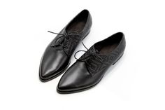 "Black Leather Oxford Shoes, Women Pointed Formal Shoes, Stylish Flat Lace Shoes, Elegant Casual Oxford Shoes These are Black Woven Leather Oxford Shoes with lace for a comfortable closure. The front of the shoe is a solid black leather and the back is a weave textured leather. They are comfortable and Chic and will look great with any outfit. We use the finest leather and the most comfortable shoe shape. We use a manufactured durable sole so that you can enjoy the most out of these gorgeous sho Comfortable Office Shoes, Oxford Shoes Women, Black Oxfords Womens, Oxfords Women, Lace Oxford Shoes, Leather Oxfords Women, Work Flats Shoes, Black Flat Leather Shoes, Black Oxford Shoes