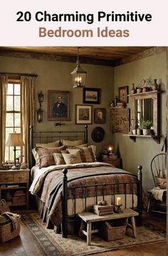 the bedroom is decorated in rustic style and has pictures on the wall above the bed