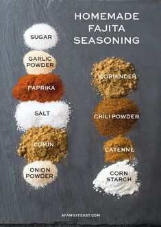 different types of spices on a slate board with the words homemade fajita seasoning