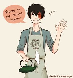 a man in an apron holding a teapot with the words welcome to the jasmine dragon on it