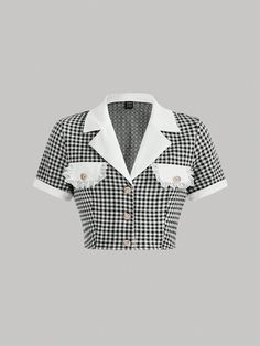 Multicolor Casual Collar Short Sleeve Knitted Fabric Gingham,Plaid  Embellished Non-Stretch  Women Clothing Lace Short, Women T Shirts, Shein Tops, Dream Clothes, White Plaid, Cute Tops, Lace Shorts, Women Clothing, Gingham